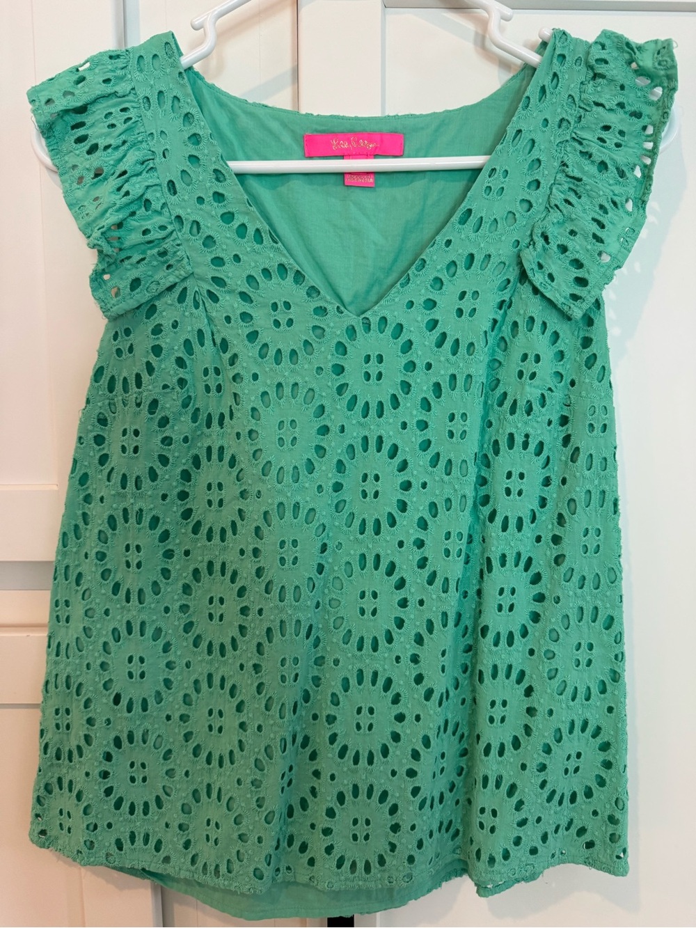 Lilly Pulitzer Green Eyelet Ruffle Sleeve Top